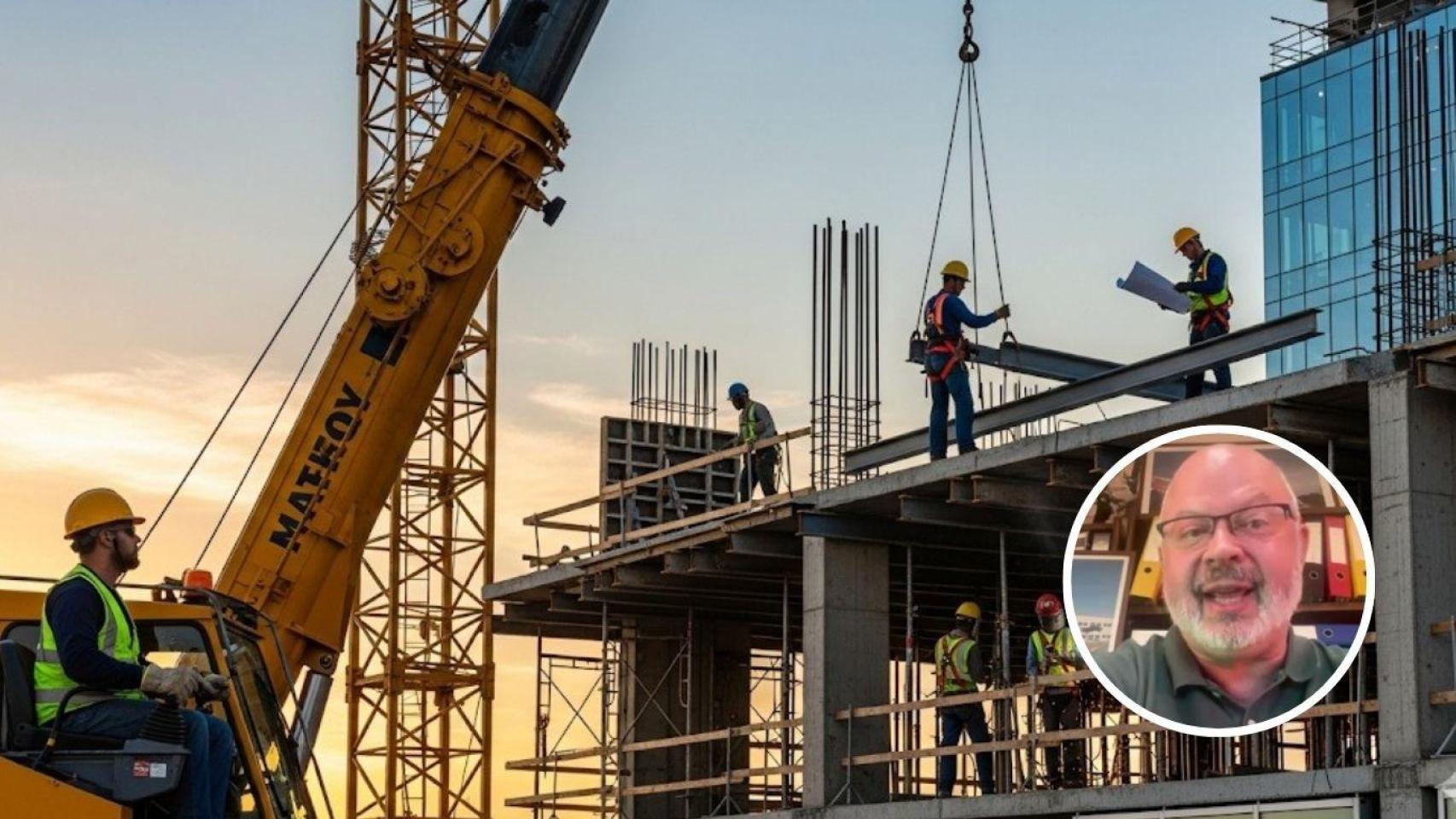 Montaje con José Antonio Beas, gerente de una empresa de grúas y hombres en una construcción