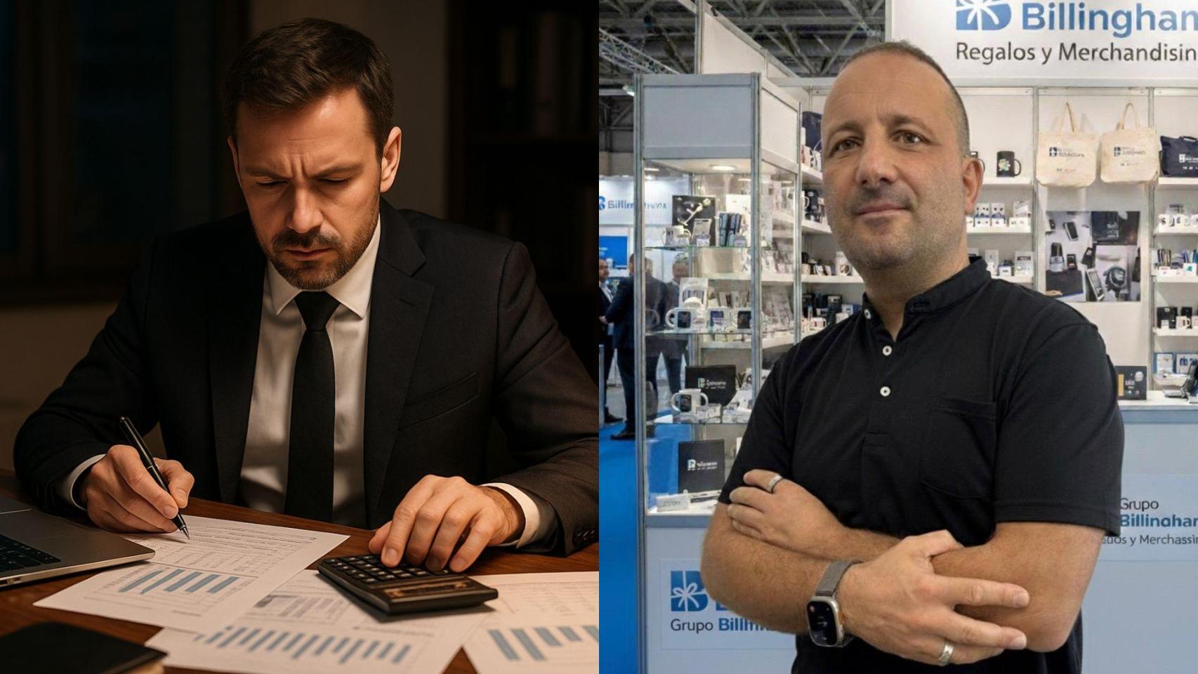 Imagen generada por IA de un empresario haciendo cuentas y Dámaso Curto.