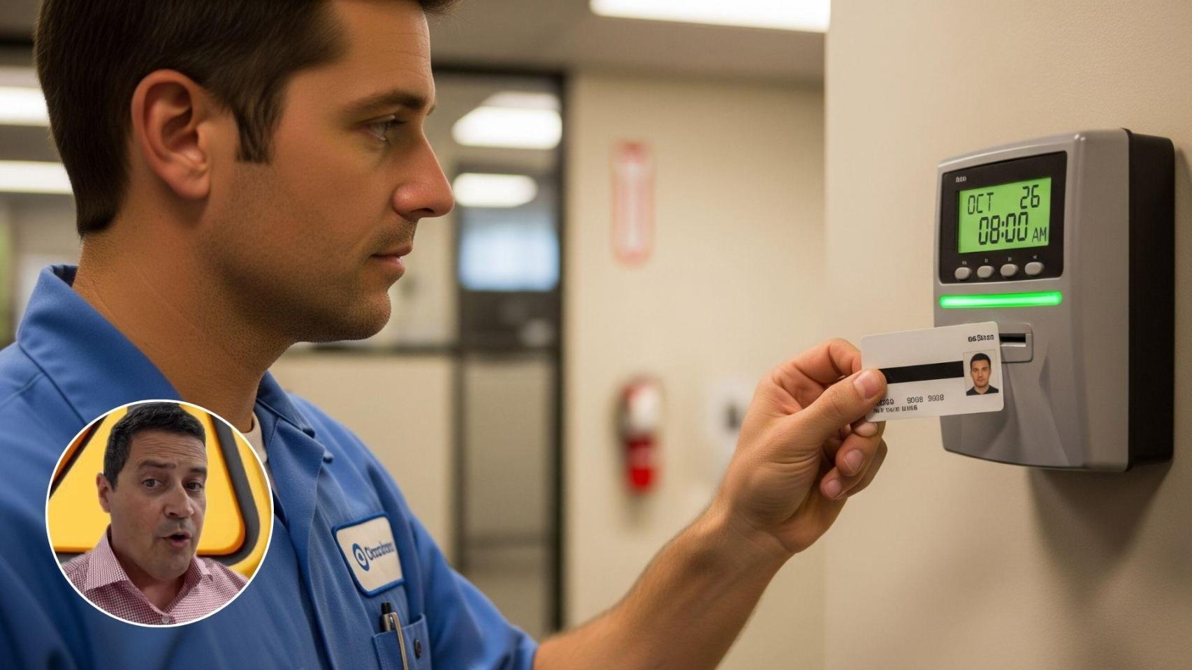 Imagen generada por IA de un trabajador fichando y el abogado Fernando Solano.