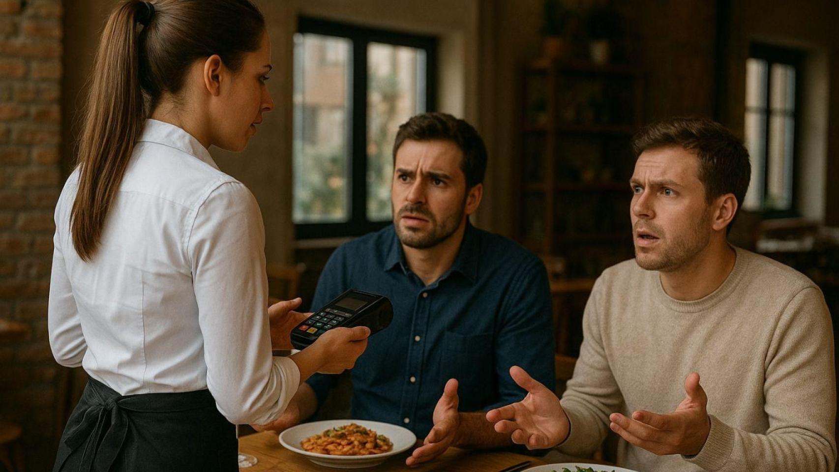 Una camarera cobrándole su comida a dos clientes