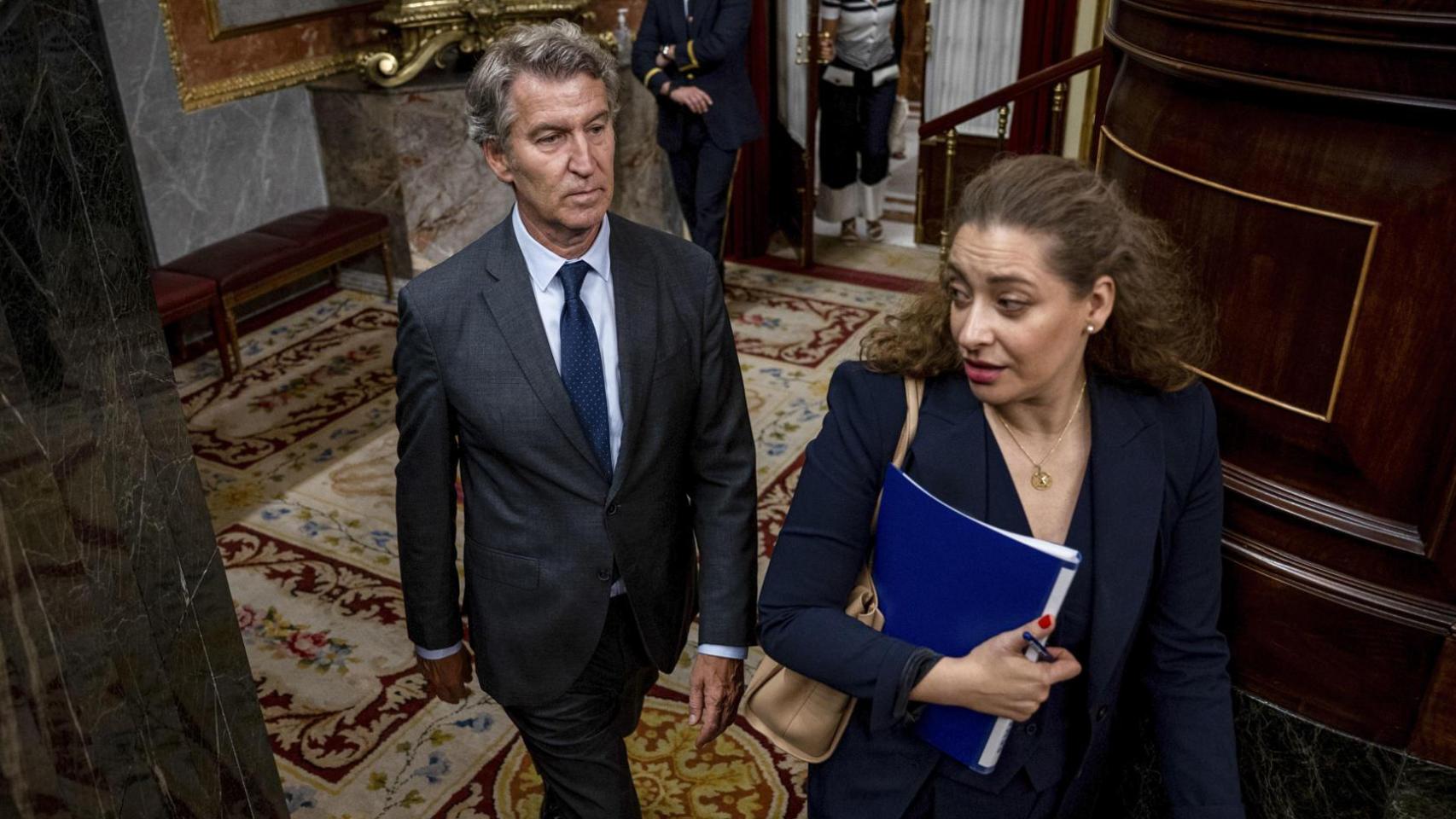 El líder del PP Alberto Nuñez Feijóo y la portavoz Ester Muñoz este miércoles en el Congreso.