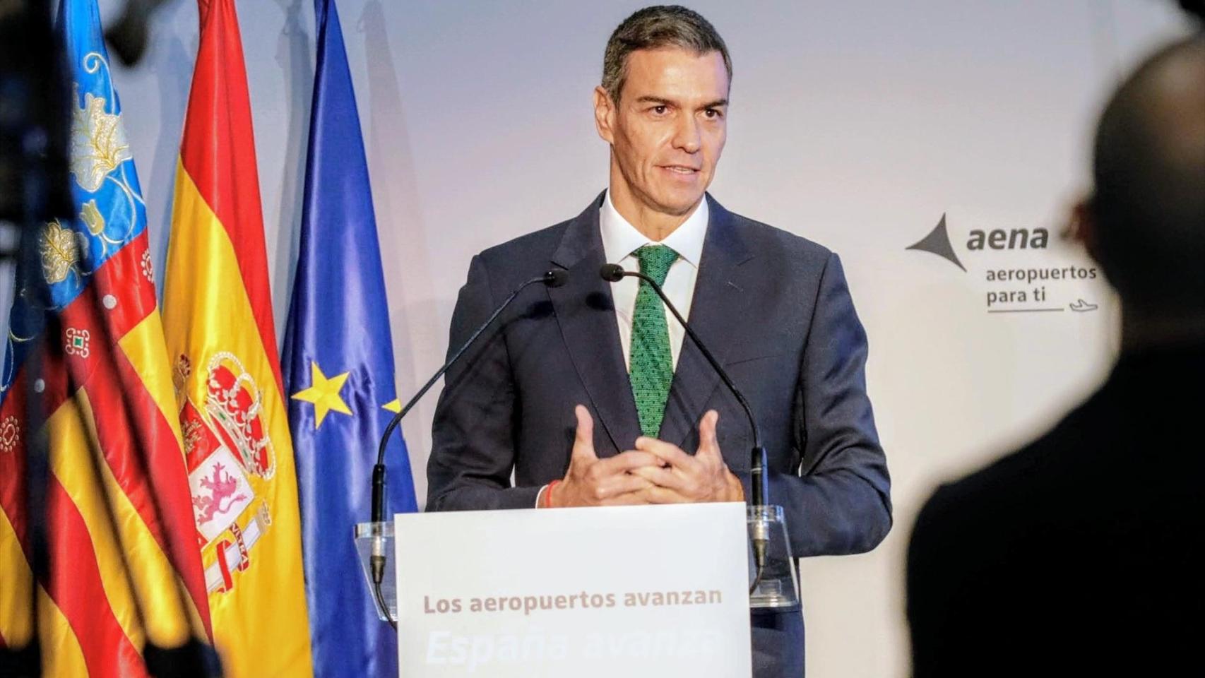Pedro Sánchez, durante la presentación de las inversiones de Aena para los aeropuertos españoles. Joaquín P.Reina / EP