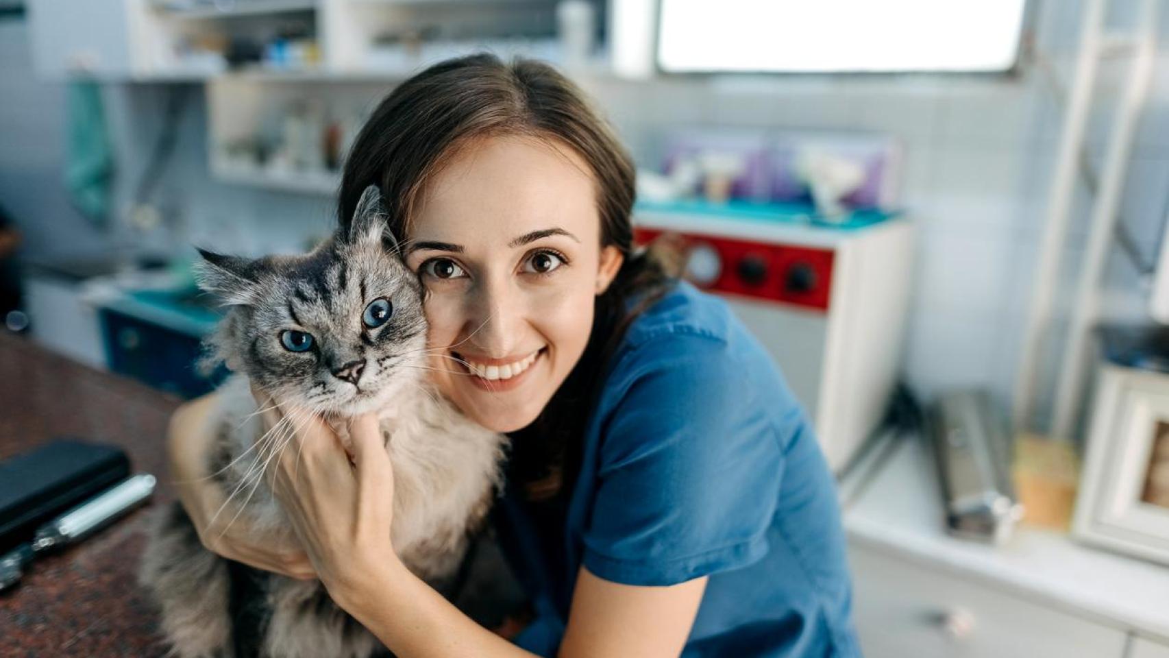 Una veterinaria con un gato.
