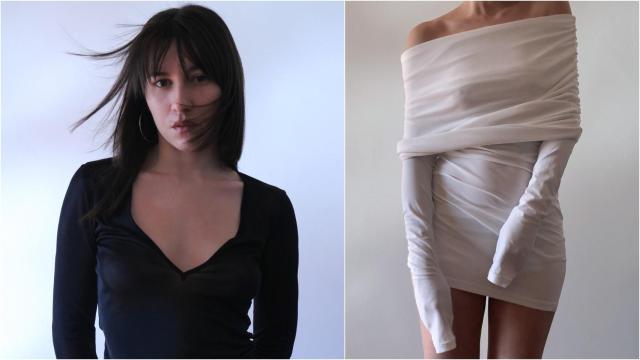 Silvia Ferrer, diseñadora valenciana que se estrena en Mercedes-Benz Fashion Week; y una de las prendas de su colección 'Over'. EE