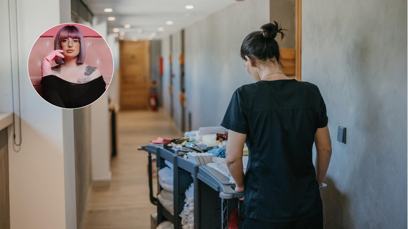 La limpiadora Cristina Simón y una limpiadora en un hotel.