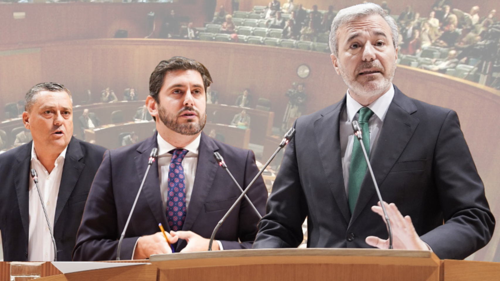 Fernando Sabés, Alejandro Nolasco y Jorge Azcón, con las Cortes de Aragón de fondo.
