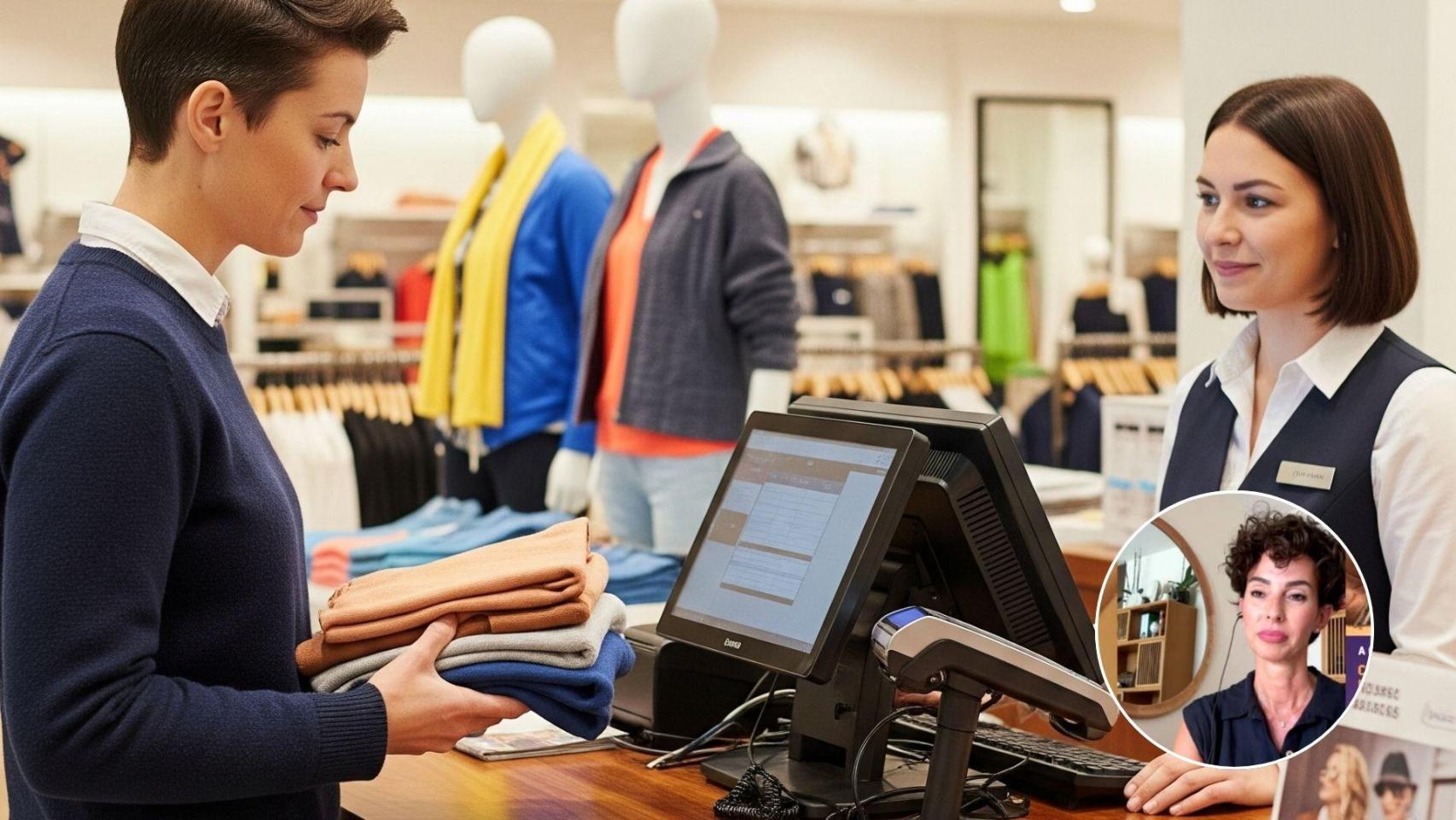 Imagen generada por IA de una devolución en una tienda y Natalia de Blas.