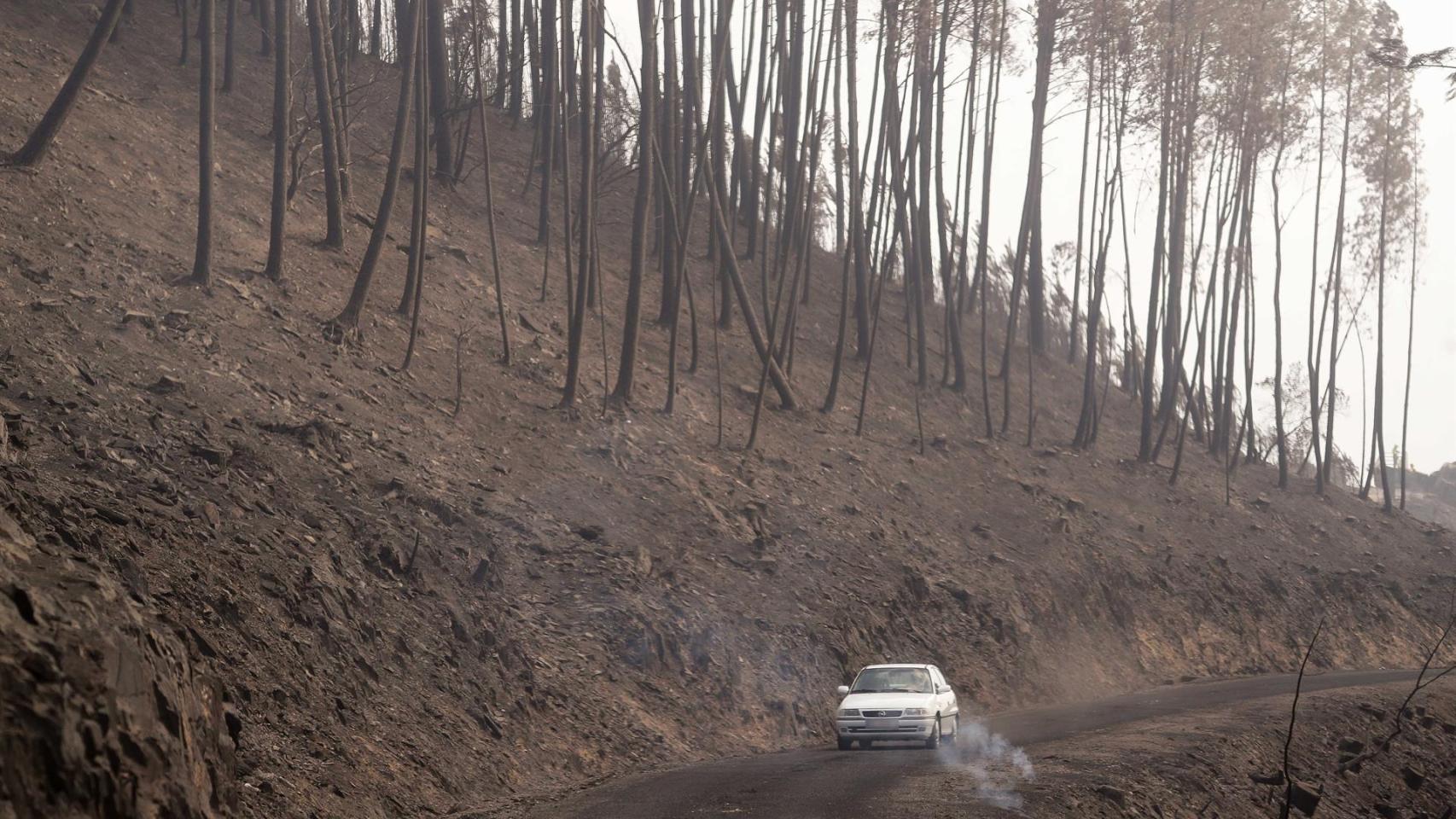 Un coche circula al lado del terreno calcinado, a 20 de septiembre de 2025, en A Barca, Sober, Lugo, Galicia (España).
