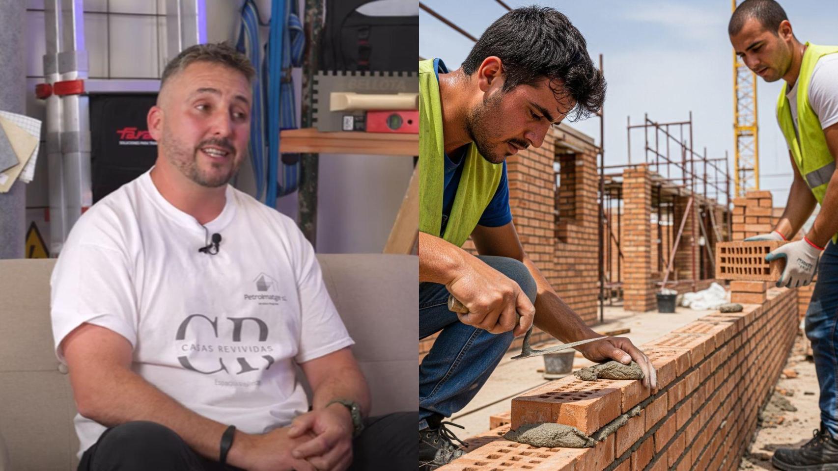 Imagen de Cristian, un albañil, y una imagen generada por IA de dos trabajadores de la construcción.