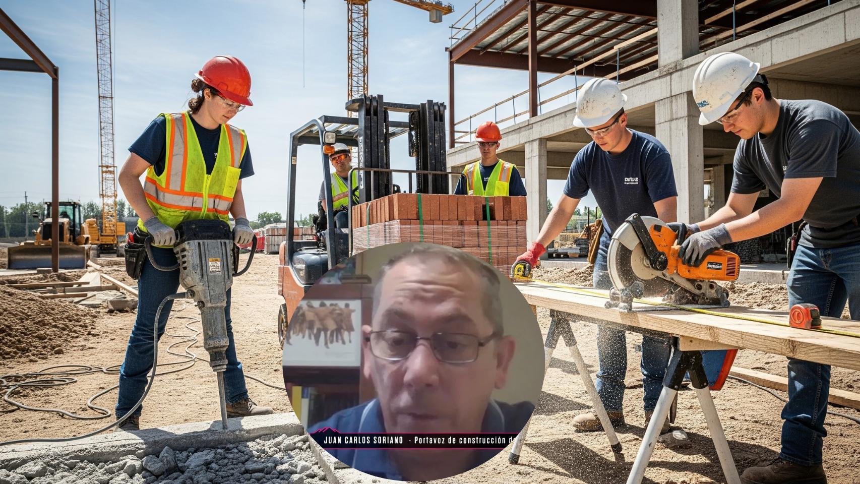 Montaje de Juan Carlos Soriano con jóvenes en la construcción en una imagen creada con IA.