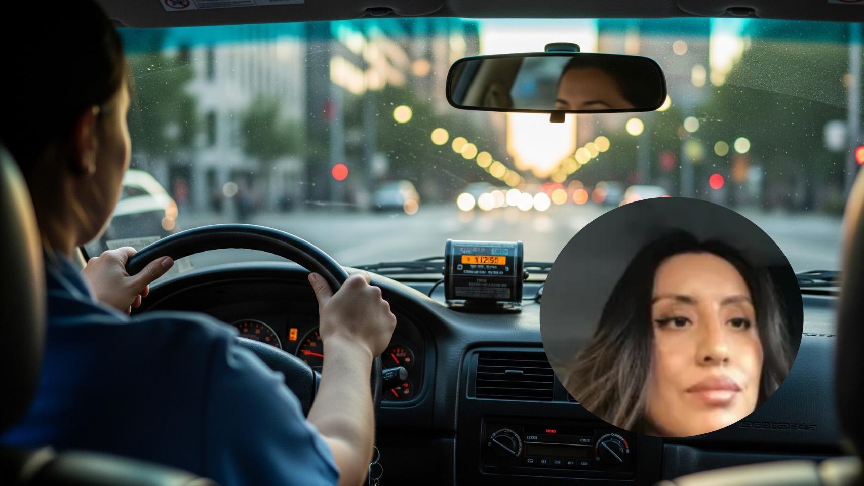 Montaje de Nataly Amagua con una mujer conduciendo un taxi en una imagen creada con IA.