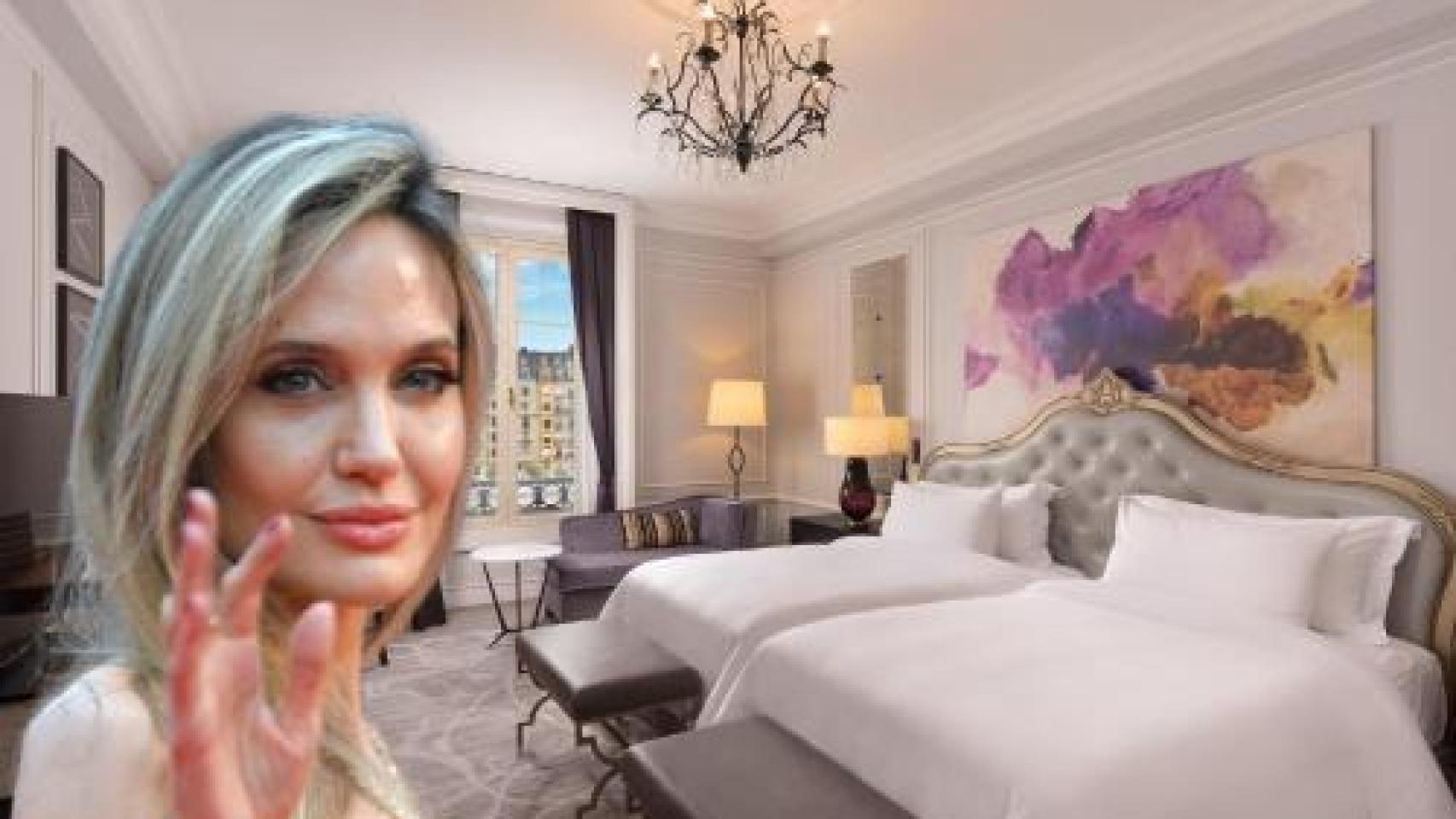 Angelina Jolie, junto a su hotel en San Sebastián en un montaje de EL ESPAÑOL.