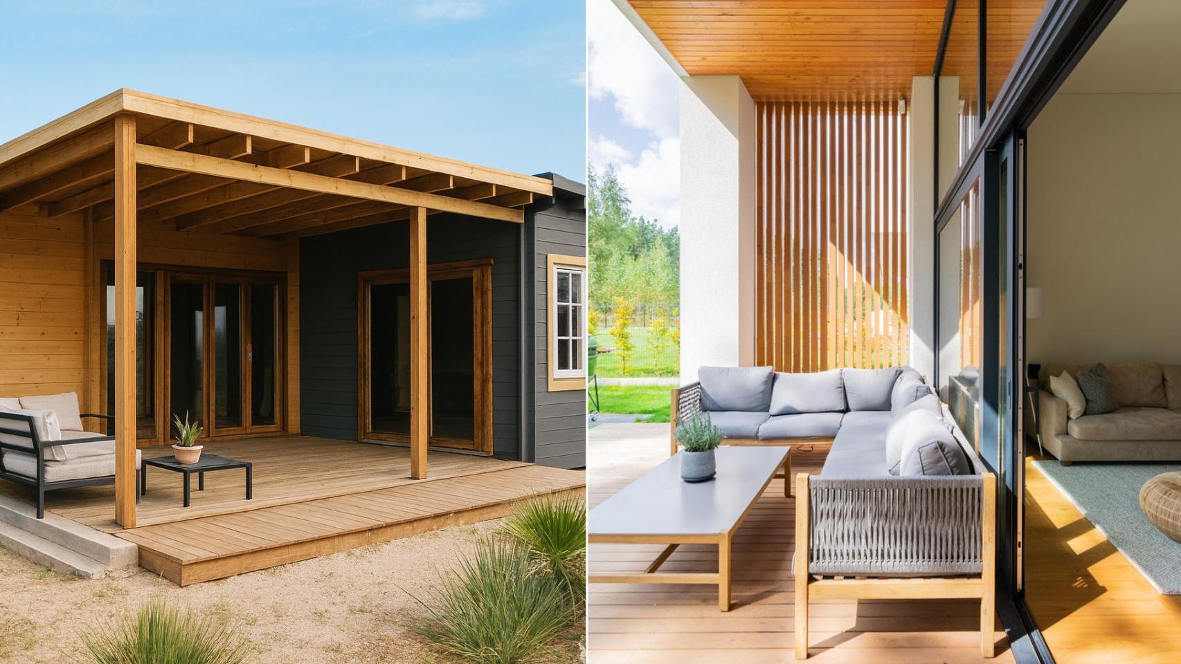 Un modelo de casa prefabricada con porche y ventanal.