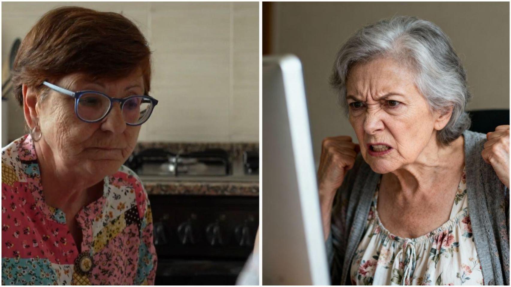 Fotomontaje de Marcela y una jubilada furiosa en frente de un ordenador.