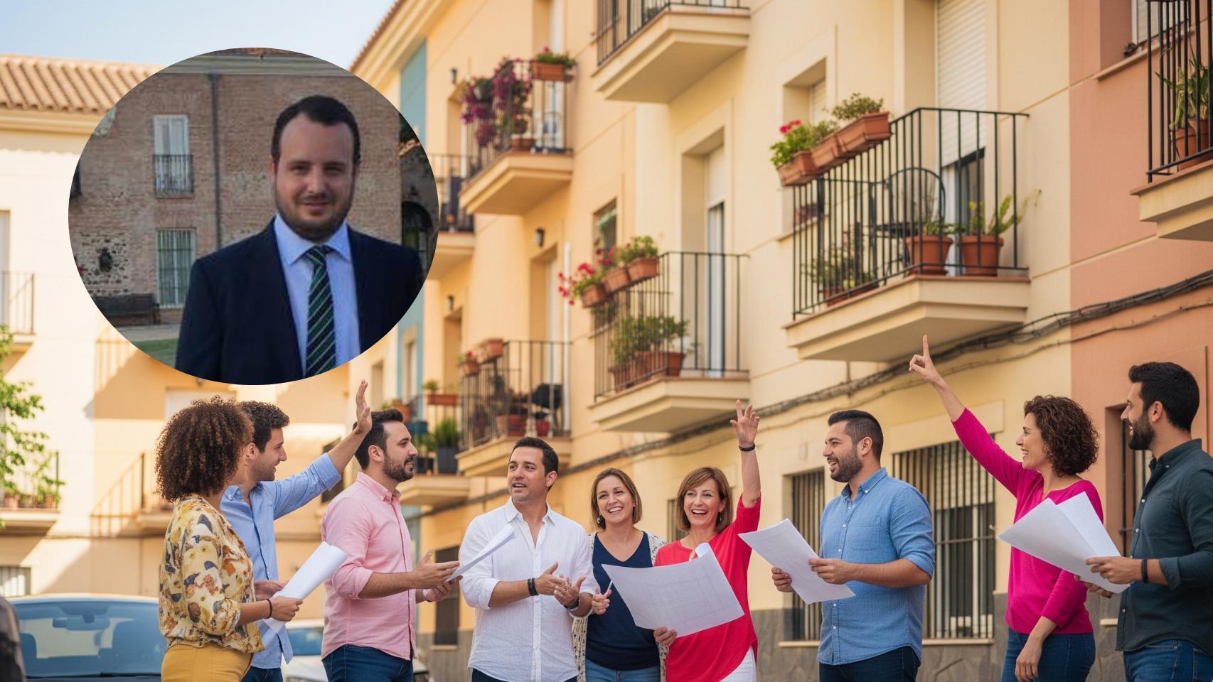 Montaje de Carlos García y una reunión de vecinos en una imagen creada con IA.