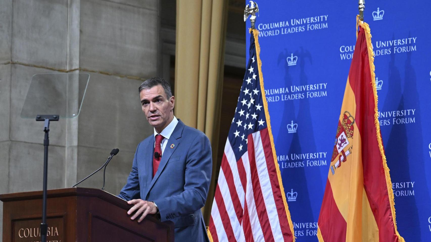 El presidente del Gobierno, Pedro Sánchez, durante su intervención en la Universidad de Columbia.