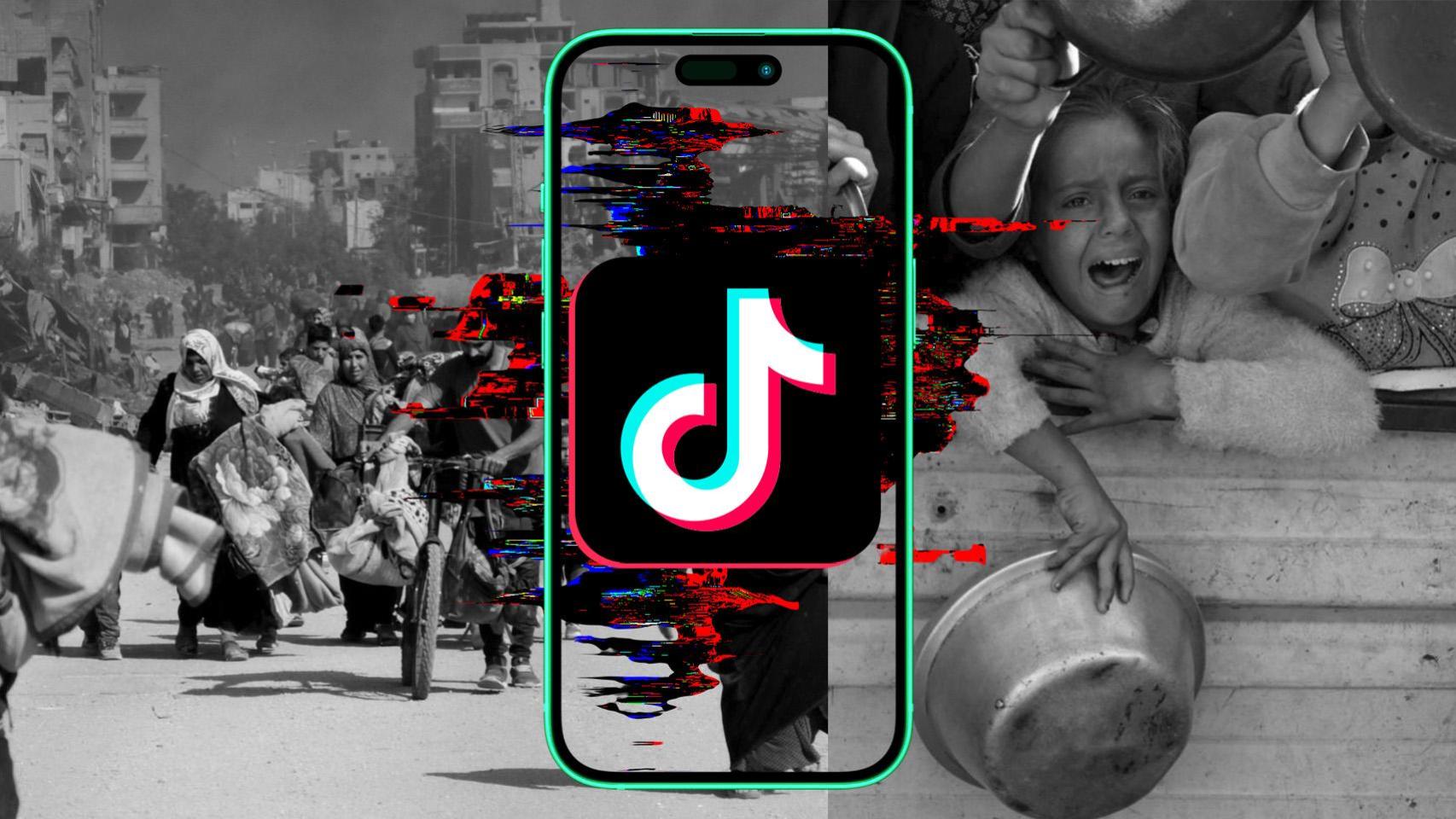 Fotomontaje usando fotos del genocidio y el logo de TikTok.