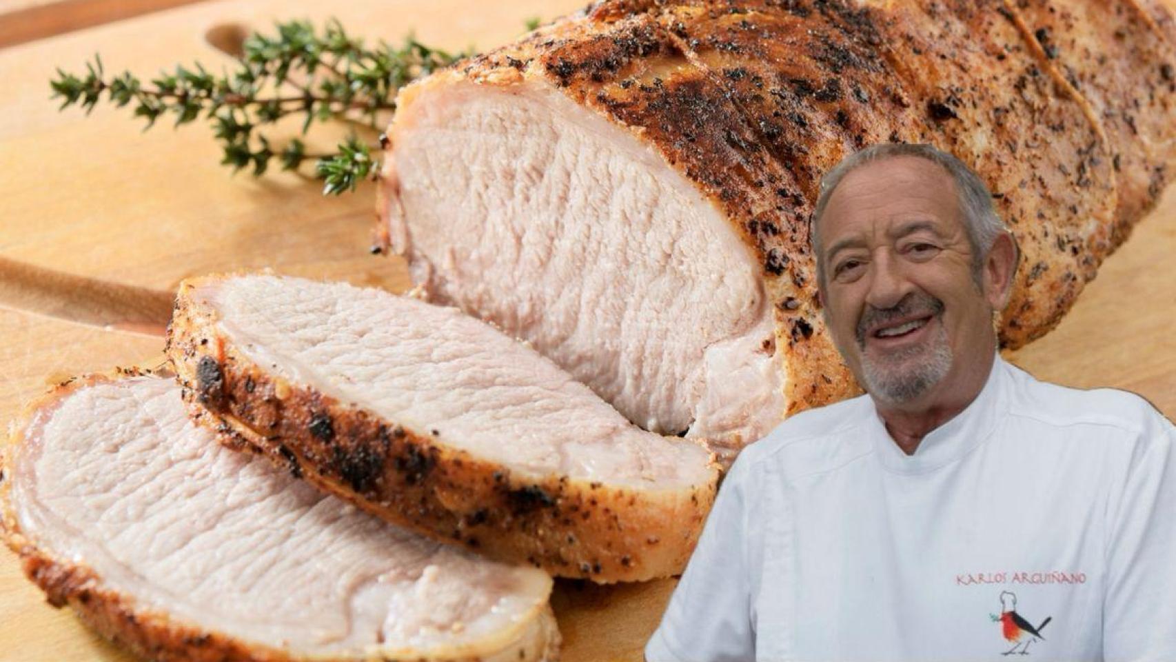 El chef Karlos Arguiñano junto a un plato de solomillo de cerdo.