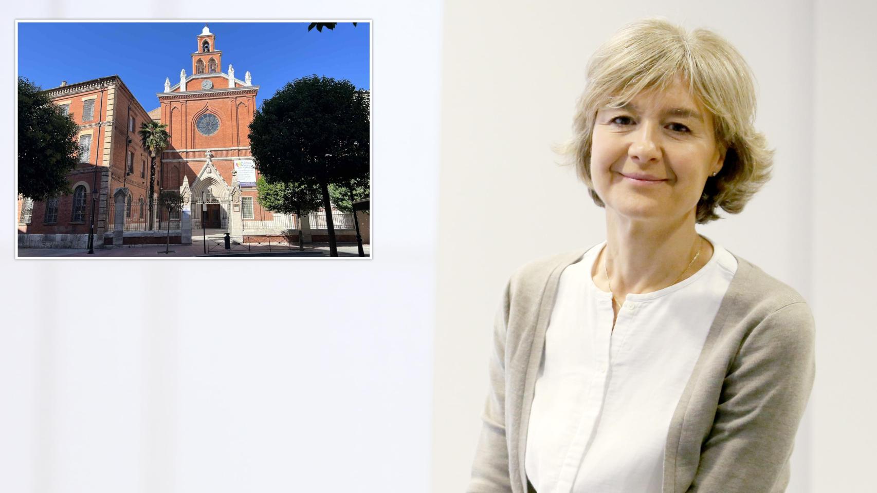 La exministra de Agricultura, Pesca, Alimentación y Medio Ambiente, Isabel García Tejerina, junto a una imagen del colegio La Enseñanza
