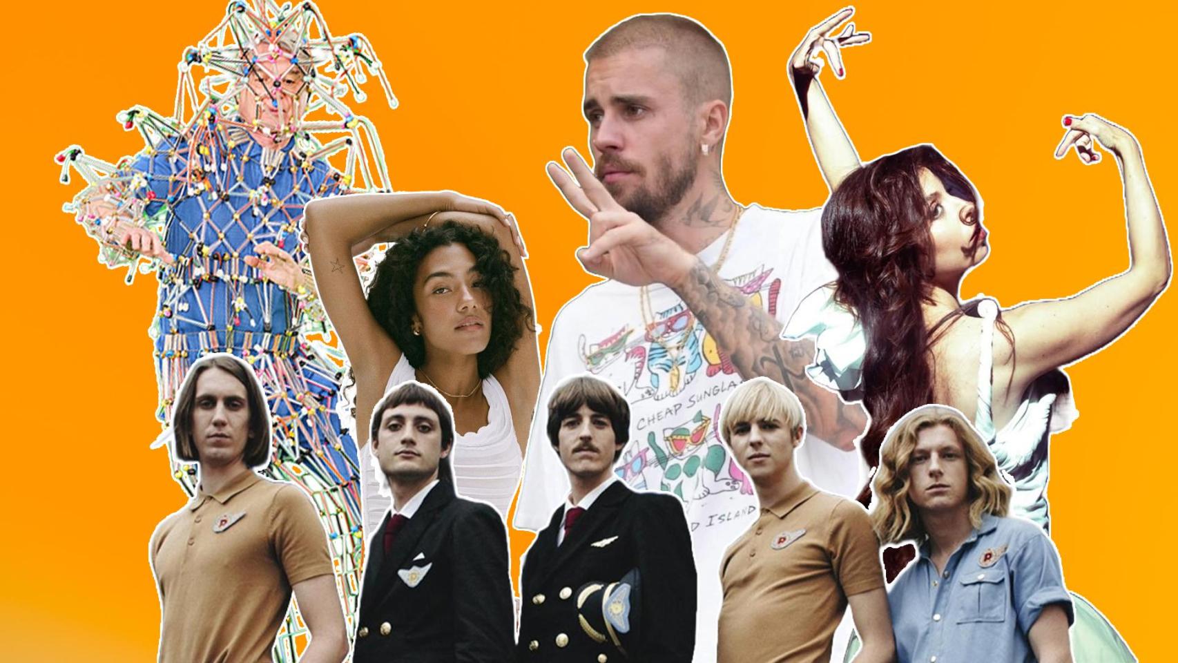 David Byrne, Olivia Dean, Justin Bieber, Soleá Morente y Parcels. Diseño: Rubén Vique.