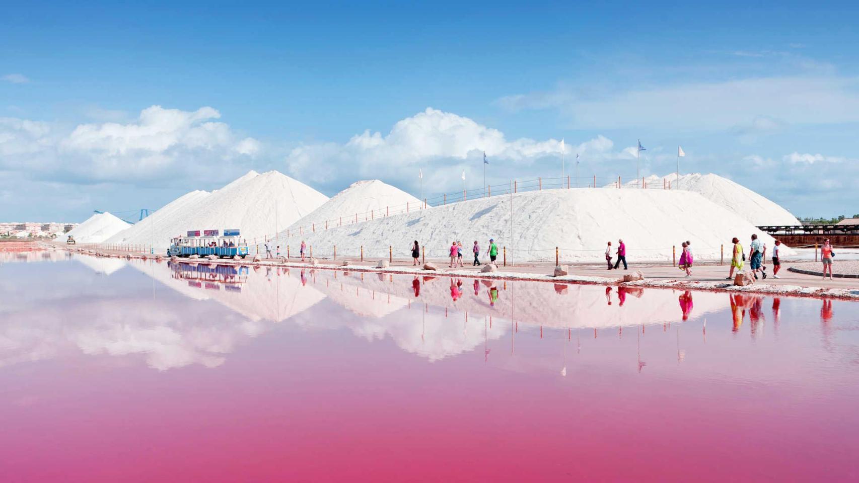 Turistas en la Laguna Rosa y las salinas de Torrevieja.