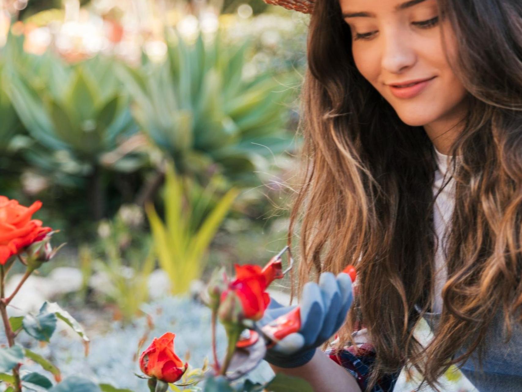 Mujer cuidado su hermoso jardín de otoño.