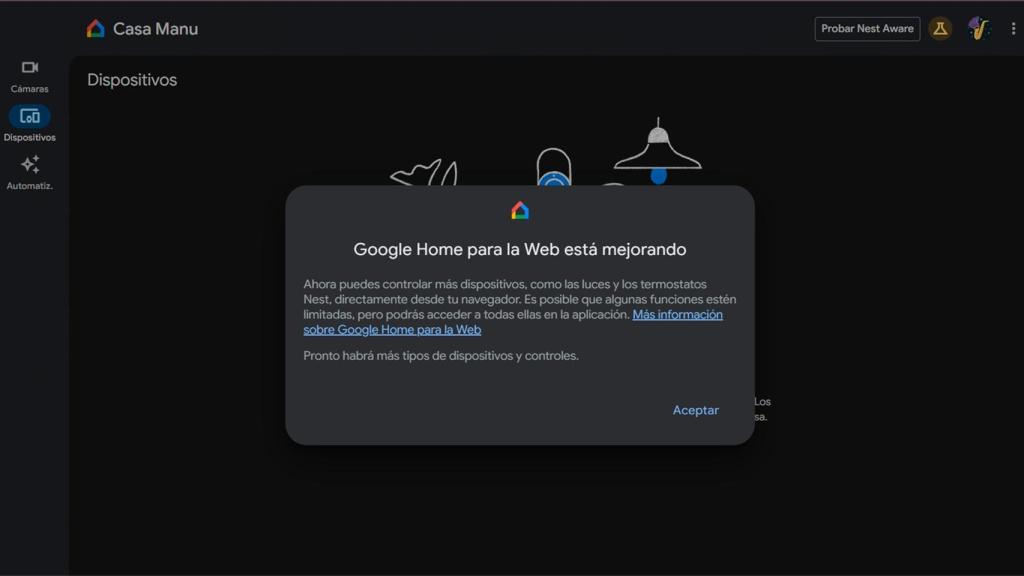 La pantalla de inicio de Google Home