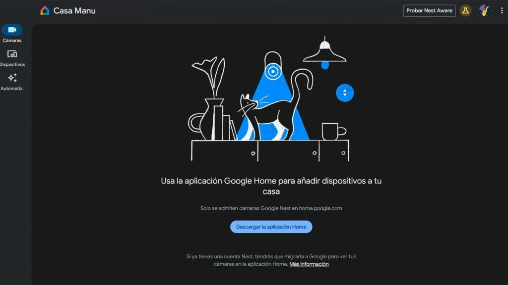 La pestaña de cámaras Nest de Google Home