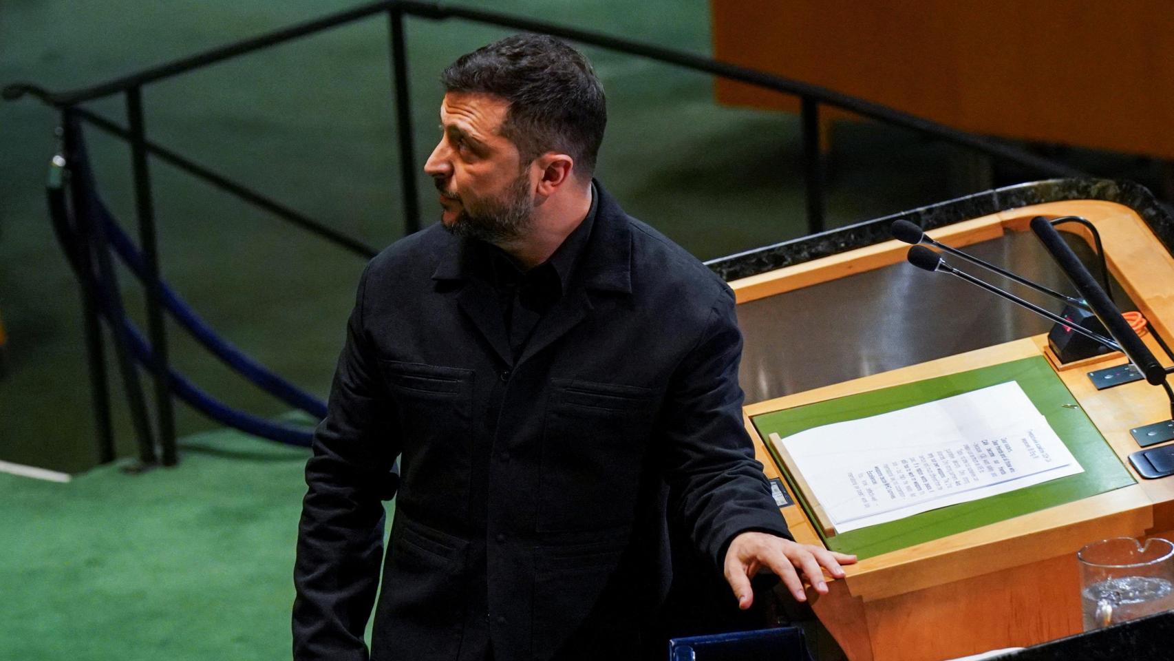 Zelenski, durante su intervención ante la asamblea general de la ONU.