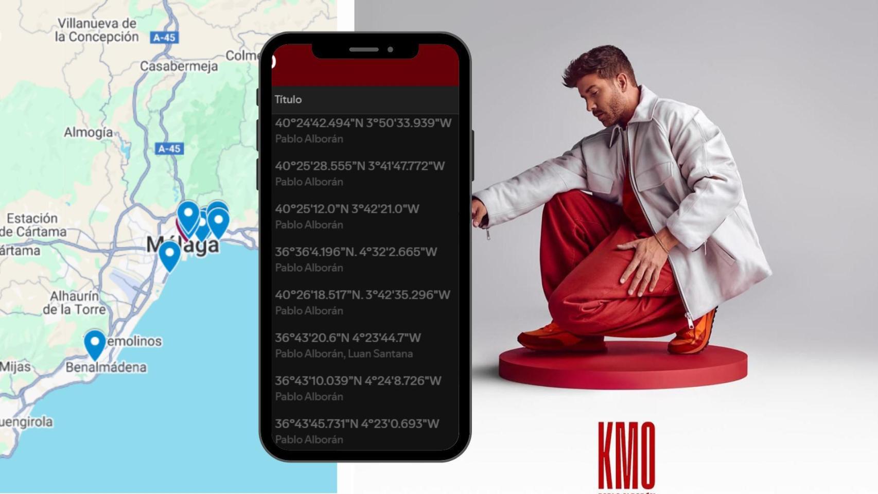 Una imagen del mapa creado por El Español, las coordenadas del disco y la portada de Alborán.