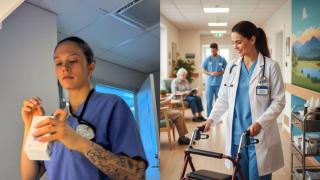 Montaje con Clara Blas, enfermera en Noruega y una enfermera en una residencia