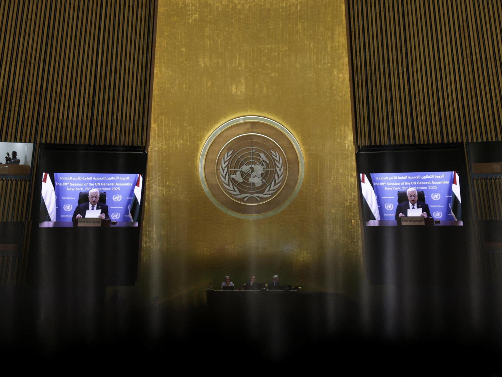 Abás tuvo que comparecer desde Ramala porque Estados Unidos le prohibió la entrada.