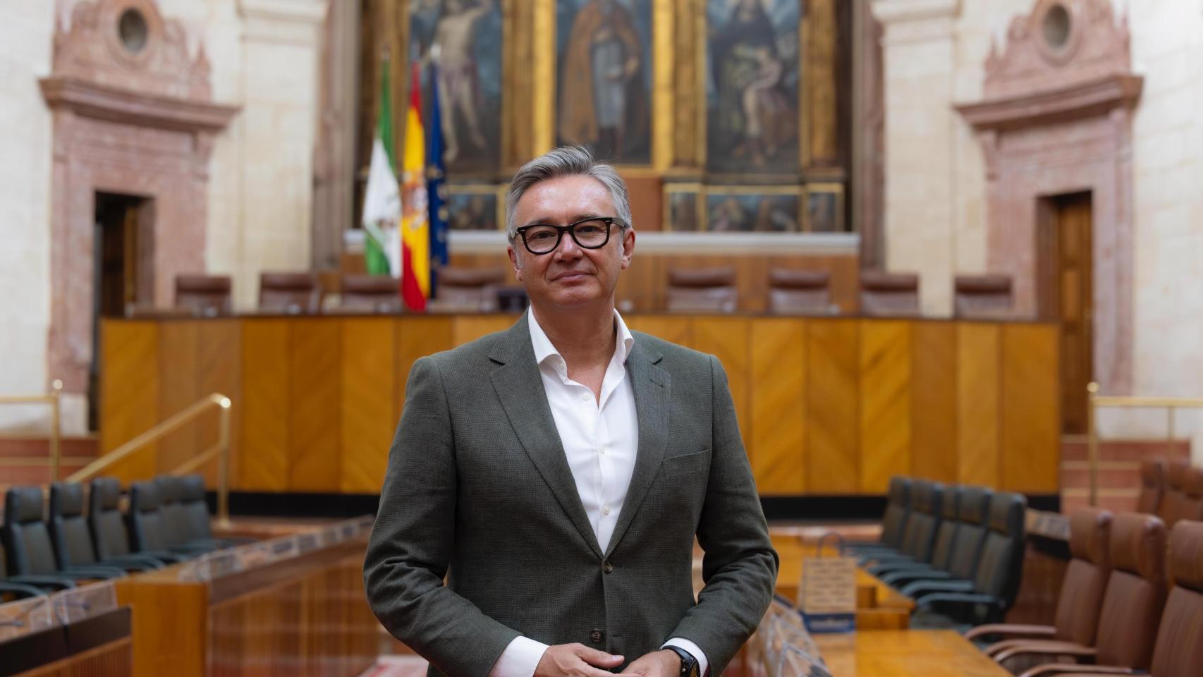 El portavoz de Vox, Manuel Gavira, posa en el plenario del Parlamento andaluz.