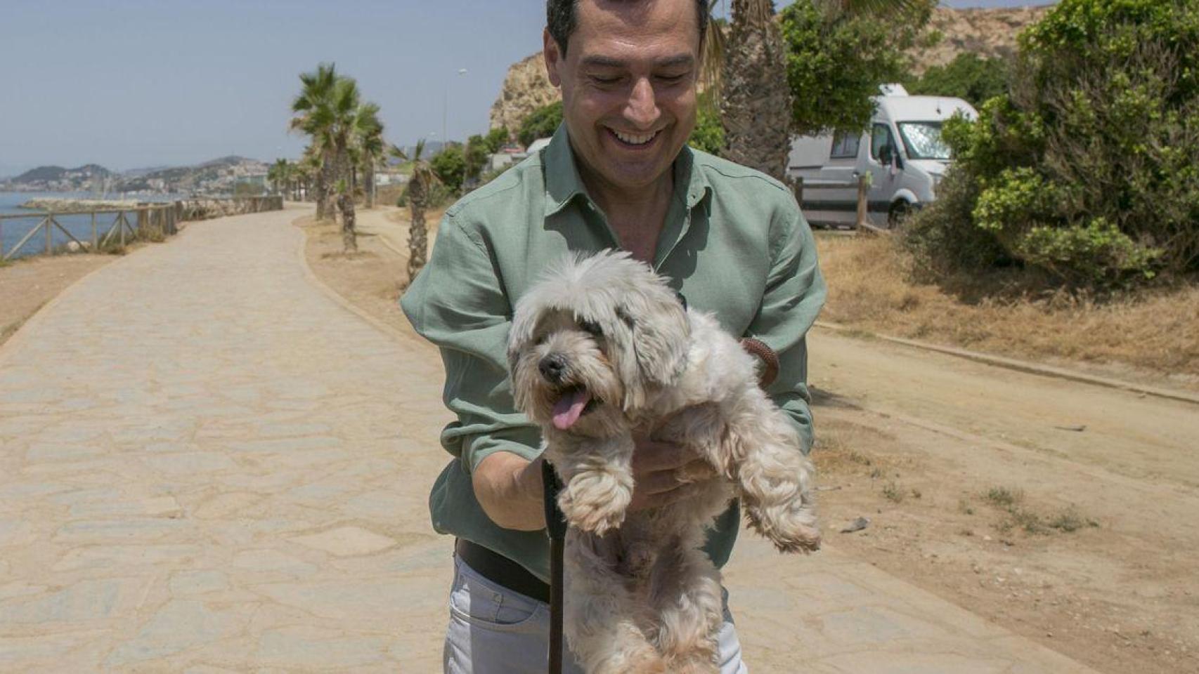 Juanma Moreno, en la jornada de reflexión de las últimas elecciones andaluzas, con su perro Toby, al que adoptó en 2017.