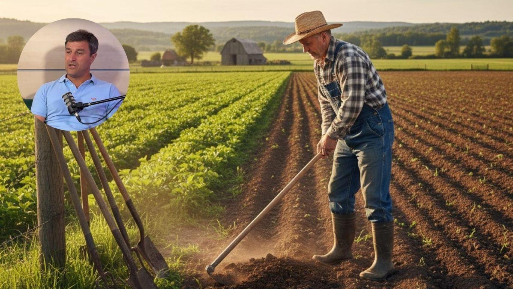 Fotomontaje de Chamorro, agricultor extremeño, y una imagen de un trabajador labrando el campo.