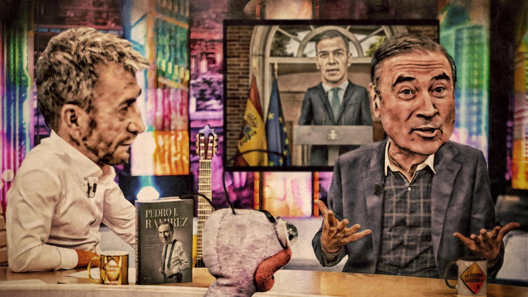 Ilustración de Pedro J. Ramírez con Pablo Motos en 'El Hormiguero'.