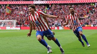Julián Álvarez celebrates one of his goals against Real Madrid.