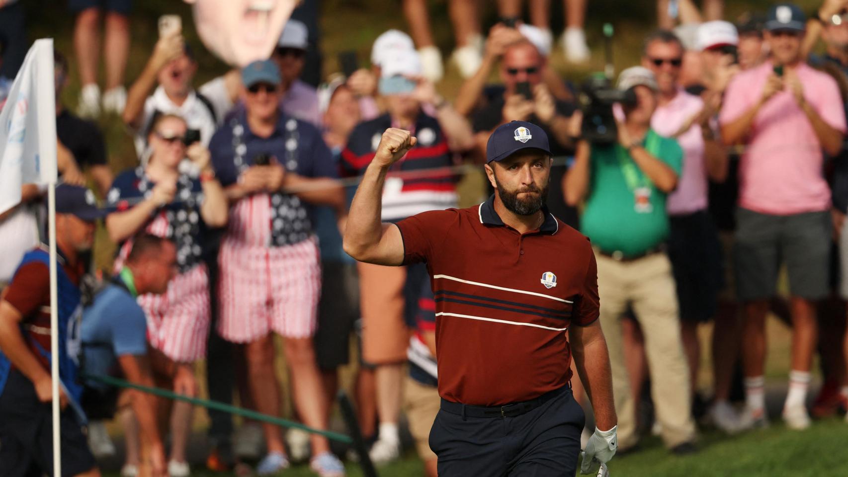 Jon Rahm, tras un gran golpe en el hoyo 8 de la Ryder Cup 2025