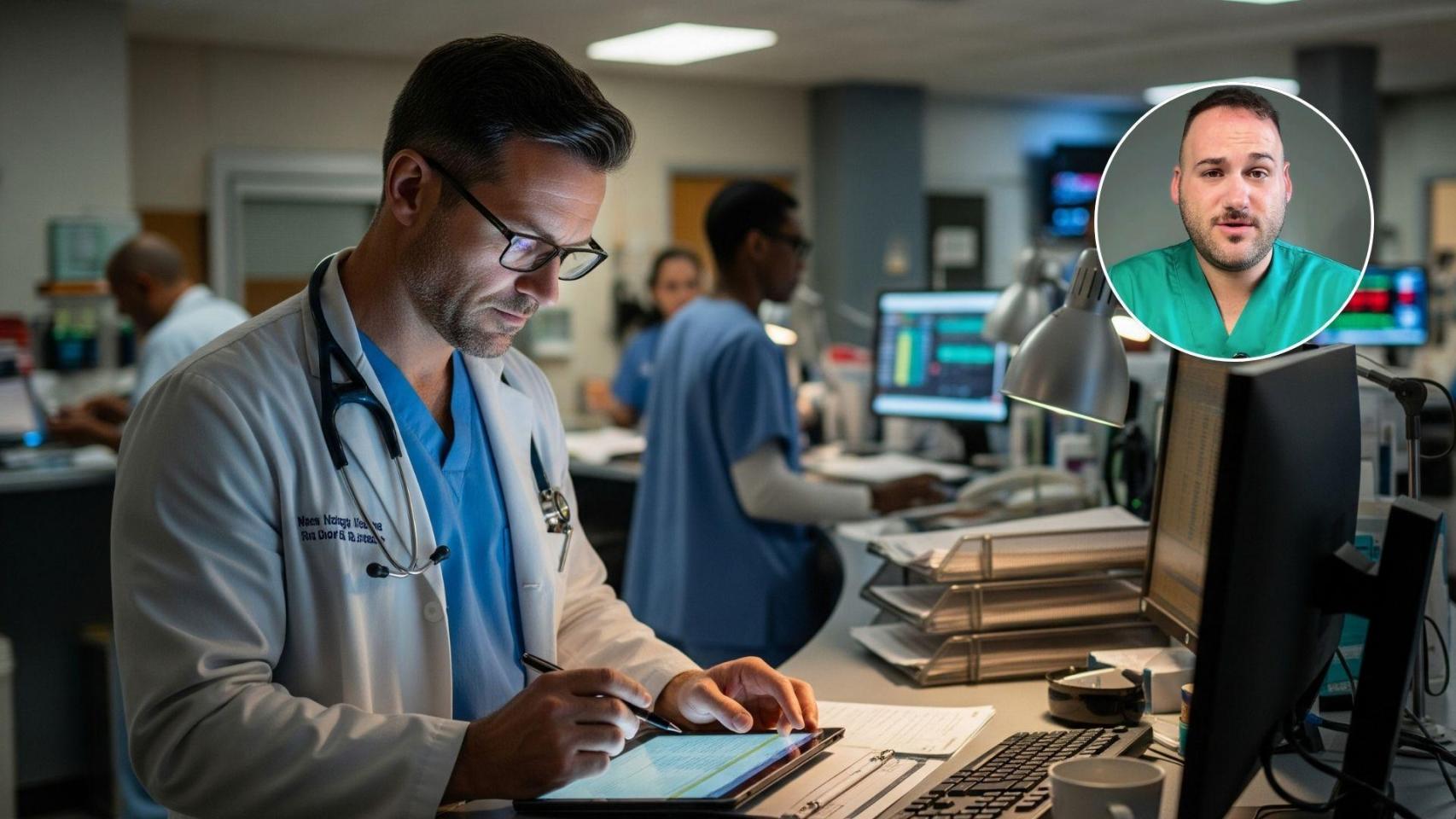 Imagen generada por IA de un médico de urgencias y Antonio Faus.