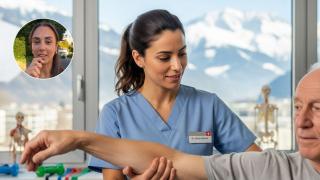 Imagen generada por IA de una joven fisioterapeuta y Paula.