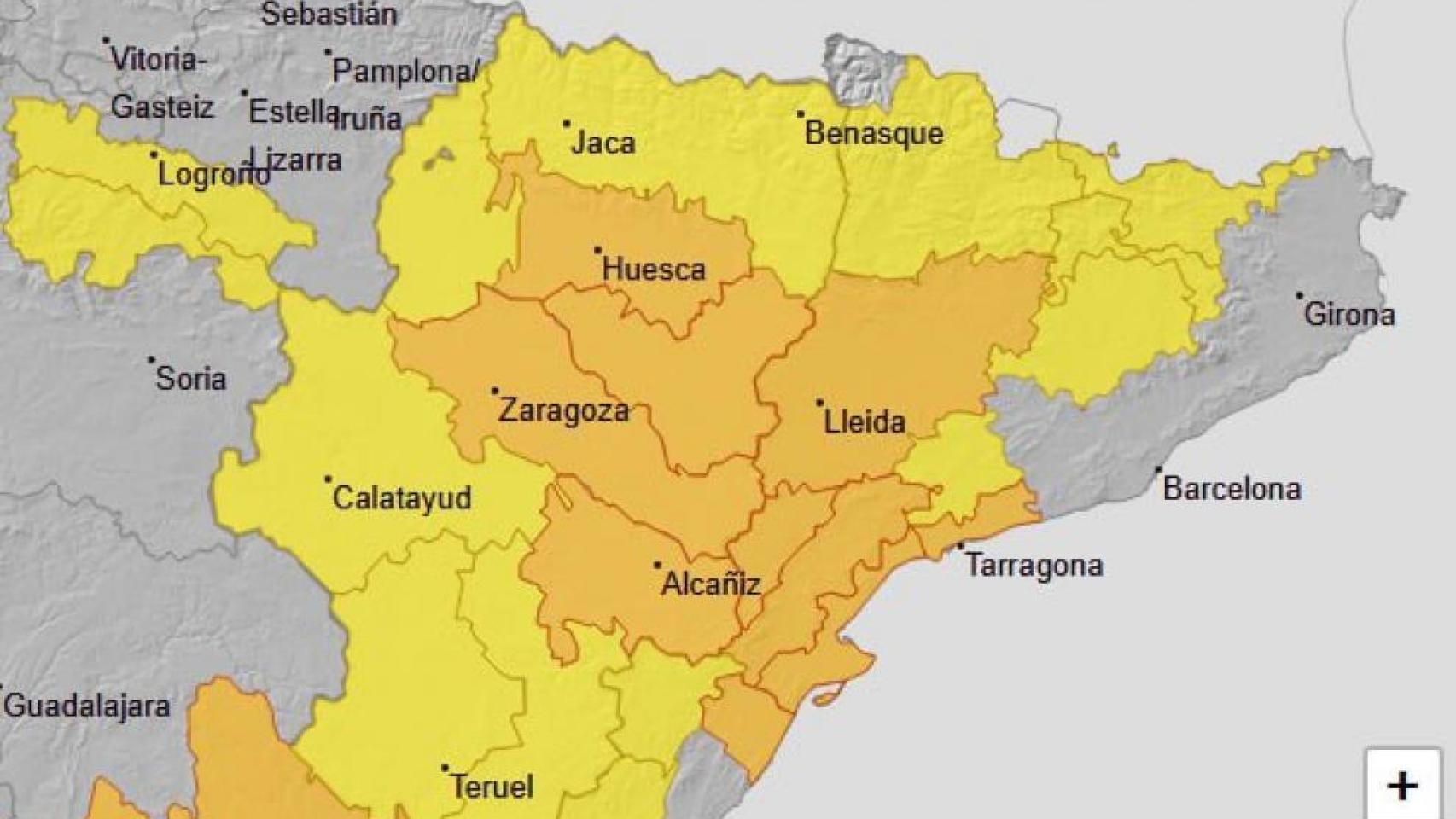 Mapa de alertas en Aragón para este domingo.