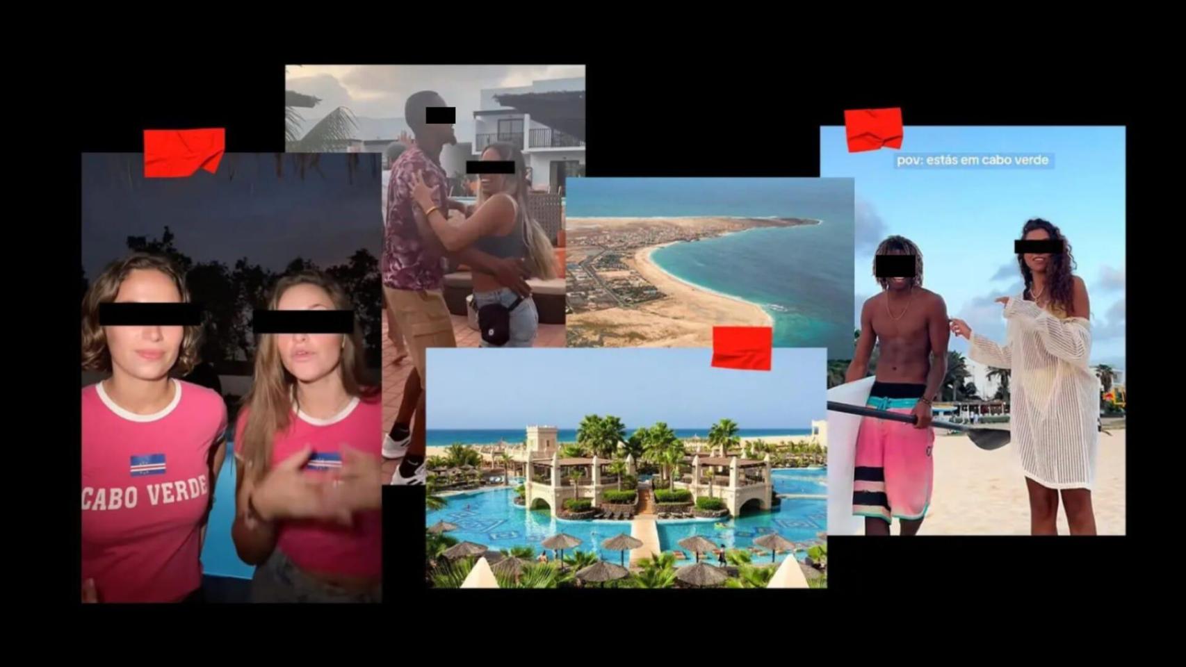 En varias imágenes: una pareja de influencers españolas insinúan la gran presencia de prostitutos y hombres guapos durante un viaje a Cabo Verde; otra mujer española baila con un local que trabaja en el hotel en el que se aloja; y una última joven señala a jóvenes caboverdianos como atractivo en un vídeo.