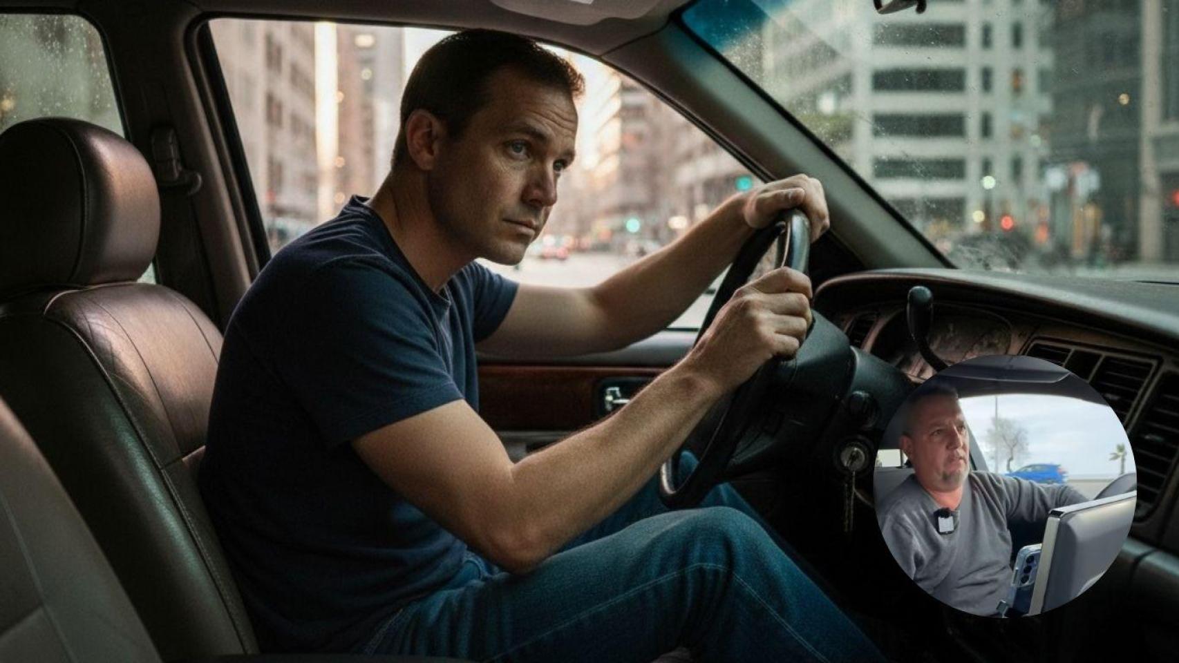 Fotomontaje de Antonio, chófer de taxi, y un taxista mientras conduce.