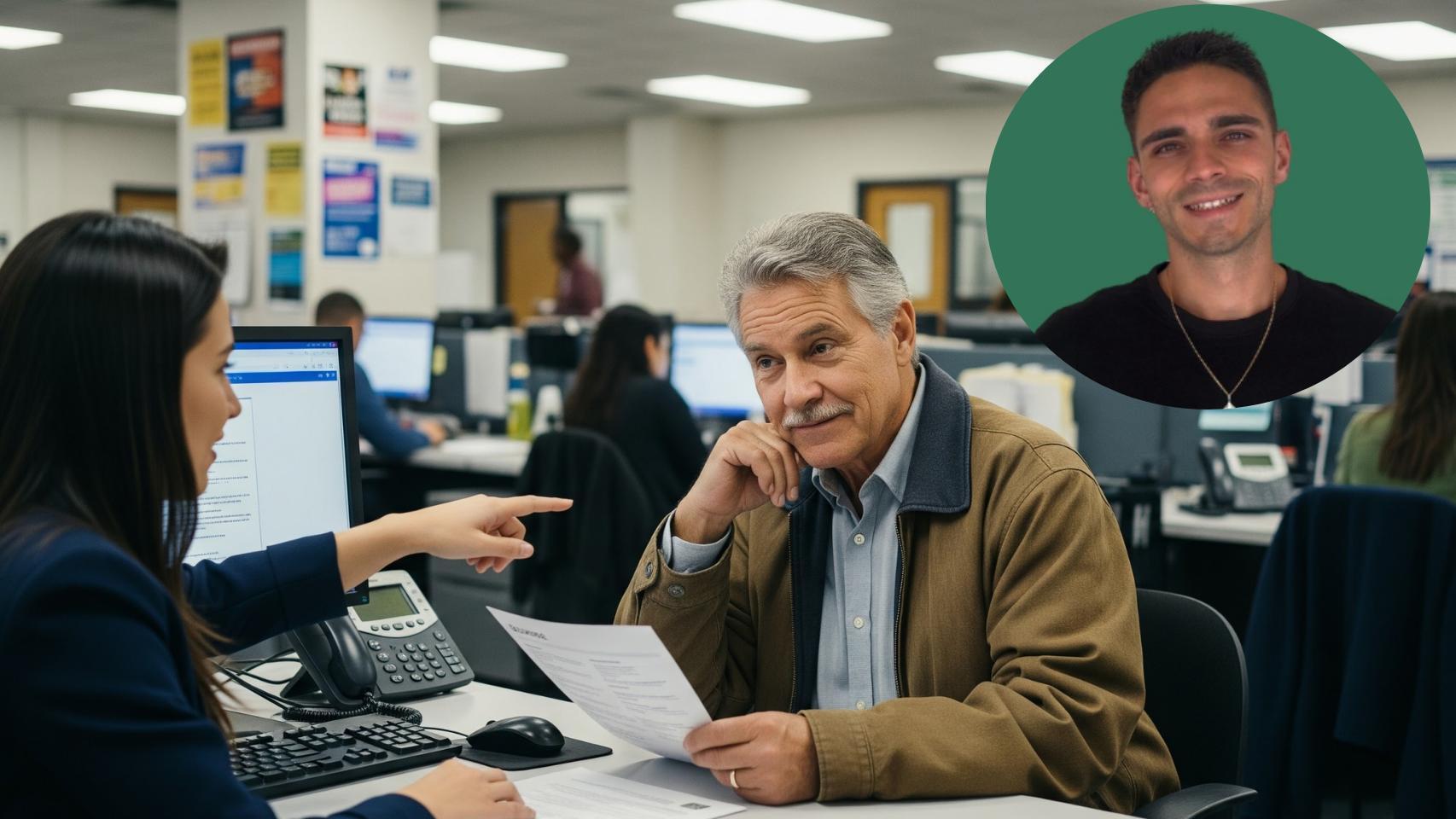 Montaje de Gerard Vázquez con una persona buscando empleo en una imagen creada con IA.
