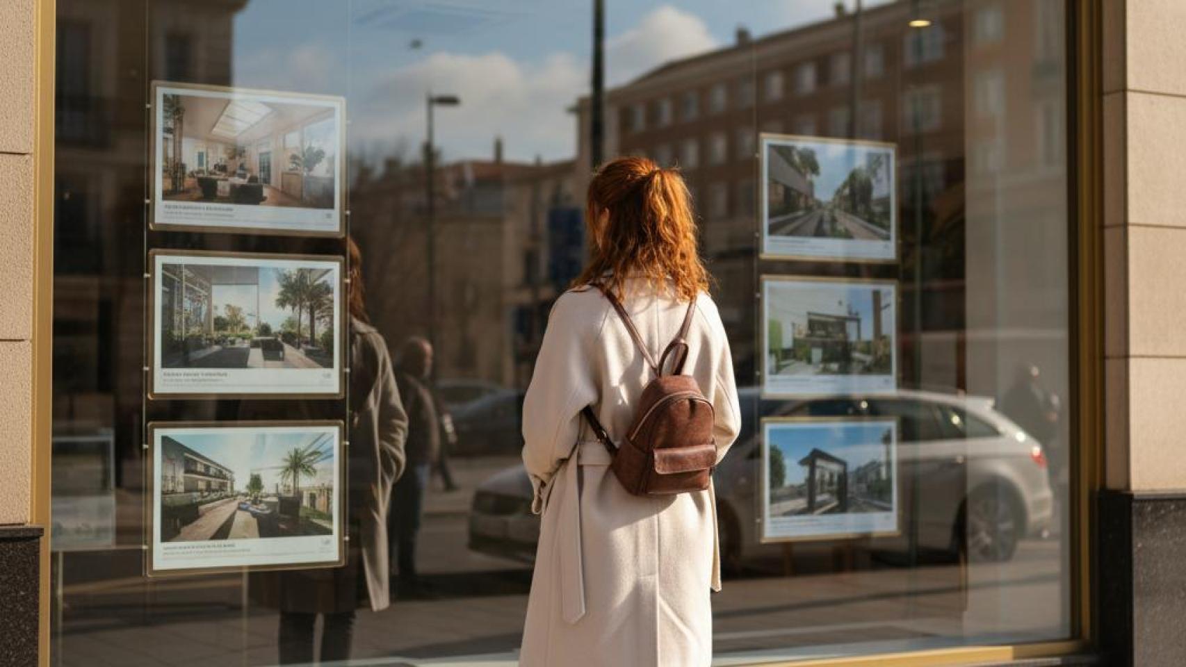 Imagen generada por IA de una joven frente a una inmobiliaria.