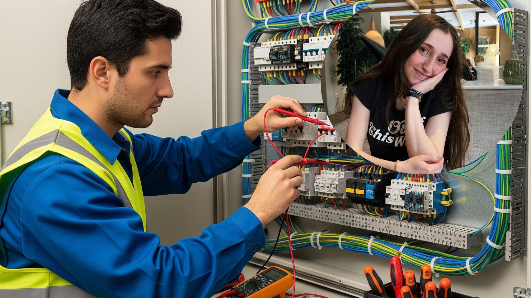Montaje de Sara Álvarez con un electricista en una imagen creada con IA.