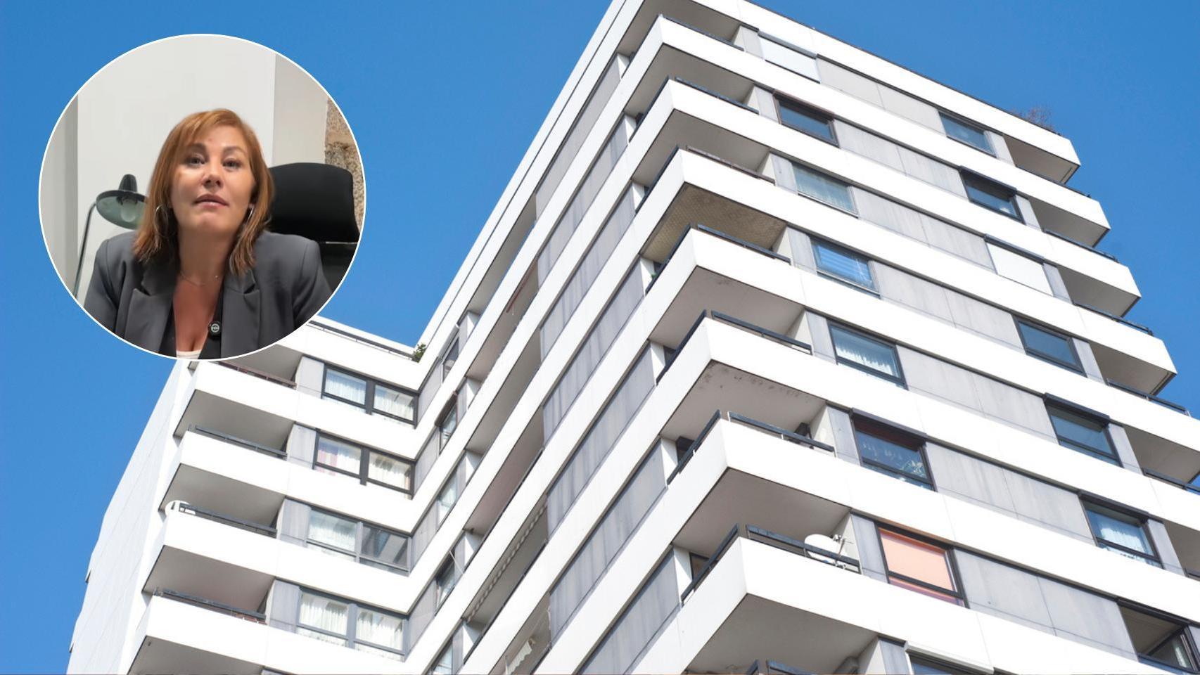 Asesora inmobiliaria de Intervivienda y un bloque de pisos.