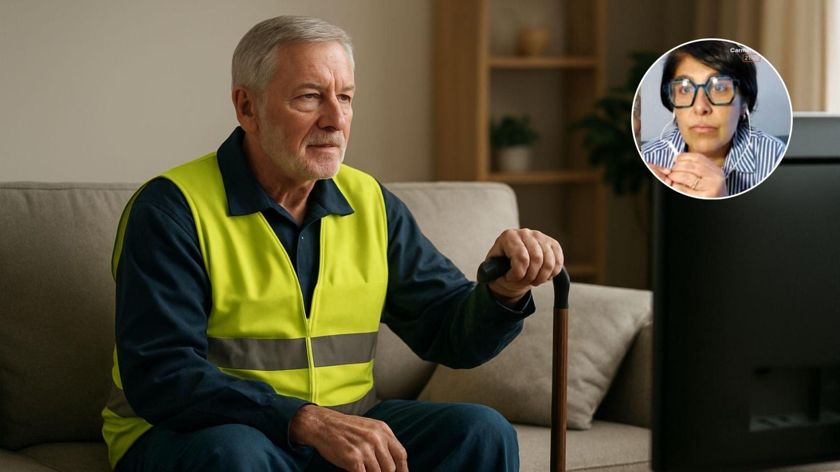 Imagen generada por IA de un trabajador de baja y de Eugenia Menéndez.