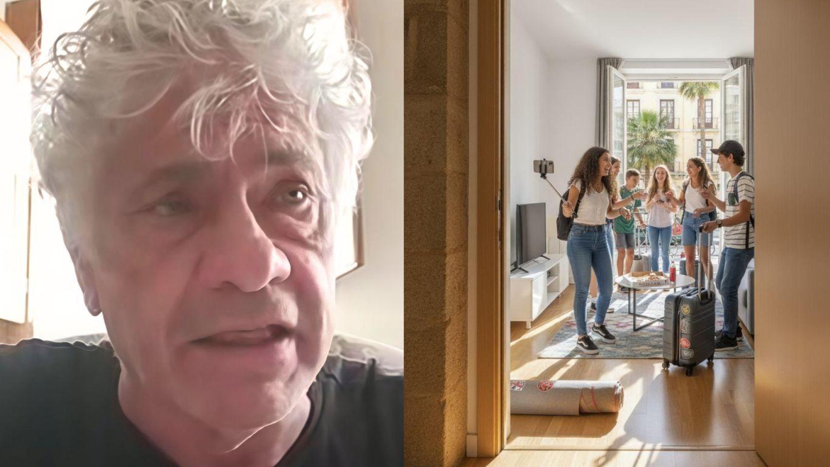 Montaje con Alfonso Romera, médico jubilado, y un grupo de adolescentes en un piso turístico