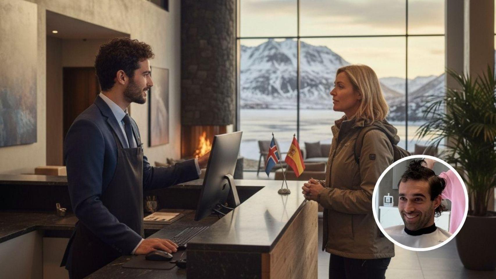 Montaje con Iván, joven español que vive en Islandia, y un joven atendiendo a alguien en un hotel